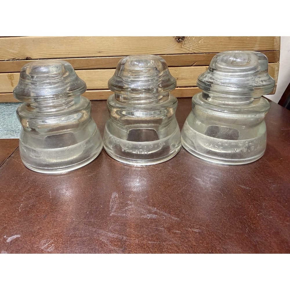 Lot of 3 Glass Insulators Clear Hemingray 45 Made In USA Smooth Base